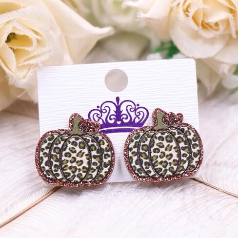 Luaa Leopard Print Pumpkin Stud Earrings for Women – Fall Acrylic Earrings with Glitter Outline – Stainless Steel Posts – Autumn Colors Halloween and Thanksgiving Jewelry – 0.75 Inch in Saudi Arabia
