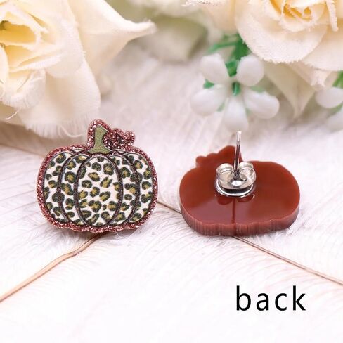 Luaa Leopard Print Pumpkin Stud Earrings for Women – Fall Acrylic Earrings with Glitter Outline – Stainless Steel Posts – Autumn Colors Halloween and Thanksgiving Jewelry – 0.75 Inch in Saudi Arabia