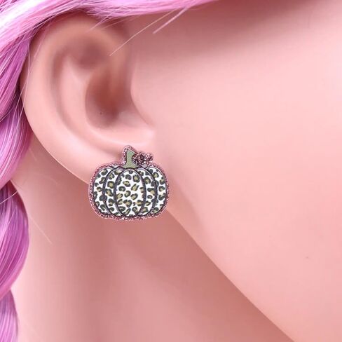 Luaa Leopard Print Pumpkin Stud Earrings for Women – Fall Acrylic Earrings with Glitter Outline – Stainless Steel Posts – Autumn Colors Halloween and Thanksgiving Jewelry – 0.75 Inch in Saudi Arabia