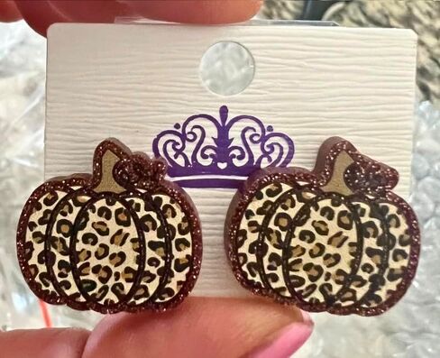 Luaa Leopard Print Pumpkin Stud Earrings for Women – Fall Acrylic Earrings with Glitter Outline – Stainless Steel Posts – Autumn Colors Halloween and Thanksgiving Jewelry – 0.75 Inch in Saudi Arabia