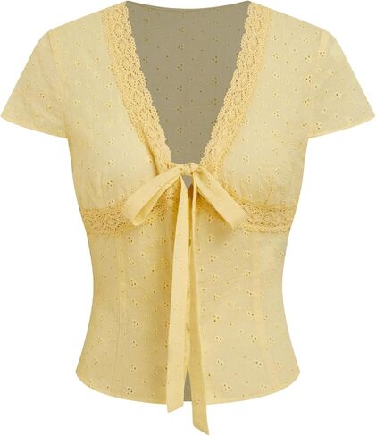 CIDER Women Broderie Anglaise Bowknot V الرقبة قصيرة الأكمام البلوزات القطن الصيف التعادل الجبهة بلوزة in Saudi Arabia