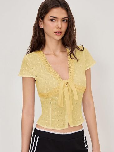 CIDER Women Broderie Anglaise Bowknot V الرقبة قصيرة الأكمام البلوزات القطن الصيف التعادل الجبهة بلوزة in Saudi Arabia