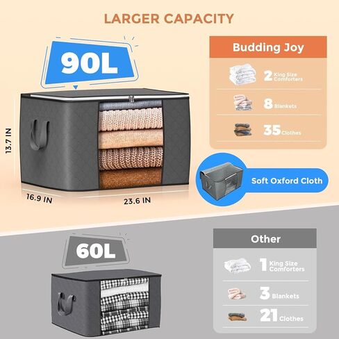 90 لتر أكياس تخزين كبيرة ، 6 حزمة تخزين ملابس تخزين منظمي الخزانة قابلة للطي حاويات تخزين مع مقبض معزز للملابس ، بطانية ، معرفات ، صفائح السرير ، الوسائد واللعب (رمادي) in Kuwait