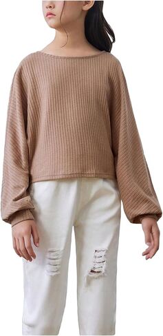 SweatyRocks Girl's Long Sleeve Ribbed T Shirt Round Neck Loose Pullover Tops in Kuwait