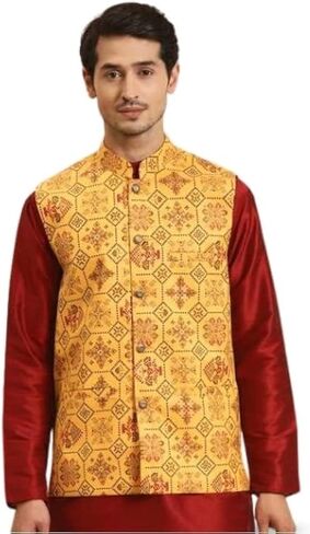 Sojanya (Since 1958 Men'S Cotton Linen Printeded Indian Traditional Ethnic Dresses Only Nehru Jacket in Saudi Arabia