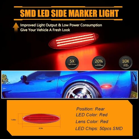 Rear Fender LED Side Marker Lights [3 Light Beads 50 SMD Chips Super Bright] for Chevro-let Chevy Corvette C5 Z06 1997-2004, Red Lens Side Bumper Lamps Red LED Turn Signal Lights, 2 PCS in Kuwait