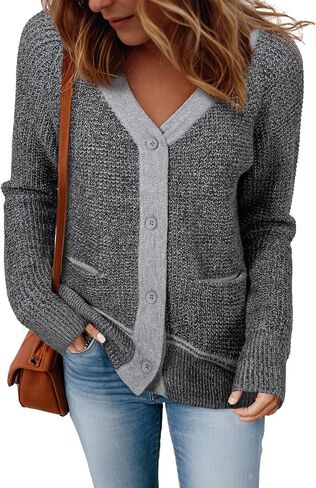 Sidefeel Women's Contrast Knit Cardigan Sweaters Casual Long Sleeve Open Front Button Down Trendy Jackets Outerwear in Saudi Arabia