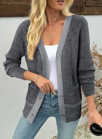 Sidefeel Women's Contrast Knit Cardigan Sweaters Casual Long Sleeve Open Front Button Down Trendy Jackets Outerwear in Saudi Arabia