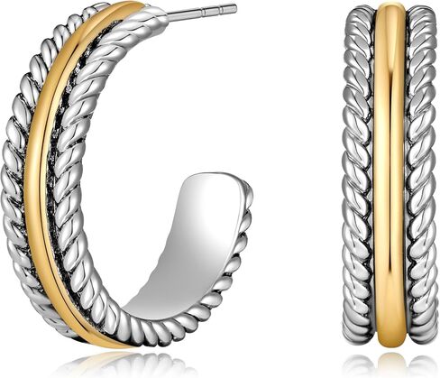 Two - Tone Twisted Rope Hoop Earrings - Silver & Gold Plated C - Shaped Statement Chunky Mix Metal Earrings for Women, Fashionable Daily & Party Jewelry in Saudi Arabia