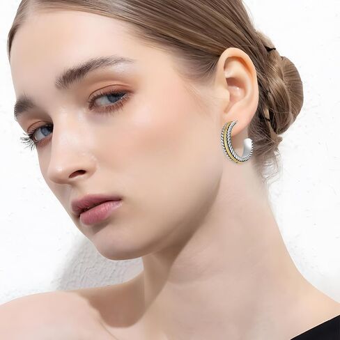 Two - Tone Twisted Rope Hoop Earrings - Silver & Gold Plated C - Shaped Statement Chunky Mix Metal Earrings for Women, Fashionable Daily & Party Jewelry in Saudi Arabia