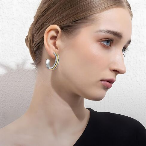 Two - Tone Twisted Rope Hoop Earrings - Silver & Gold Plated C - Shaped Statement Chunky Mix Metal Earrings for Women, Fashionable Daily & Party Jewelry in Saudi Arabia