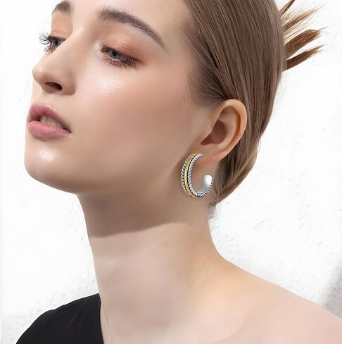 Two - Tone Twisted Rope Hoop Earrings - Silver & Gold Plated C - Shaped Statement Chunky Mix Metal Earrings for Women, Fashionable Daily & Party Jewelry in Saudi Arabia