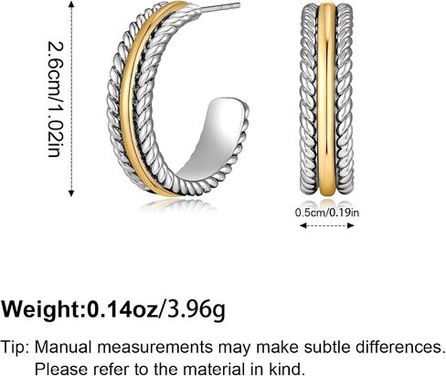 Two - Tone Twisted Rope Hoop Earrings - Silver & Gold Plated C - Shaped Statement Chunky Mix Metal Earrings for Women, Fashionable Daily & Party Jewelry in Saudi Arabia