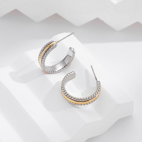 Two - Tone Twisted Rope Hoop Earrings - Silver & Gold Plated C - Shaped Statement Chunky Mix Metal Earrings for Women, Fashionable Daily & Party Jewelry in Saudi Arabia