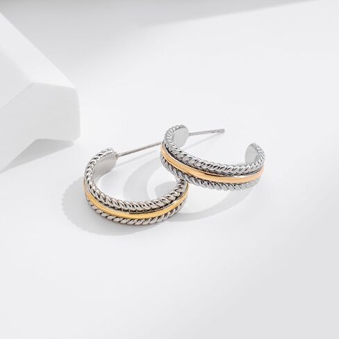 Two - Tone Twisted Rope Hoop Earrings - Silver & Gold Plated C - Shaped Statement Chunky Mix Metal Earrings for Women, Fashionable Daily & Party Jewelry in Saudi Arabia