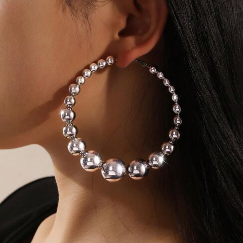 Gold Extra Large Hoop Earrings for Women,Round Metal Ball Beaded Dangle Earrings,Geometric Big Hoops Hanging Earrings Boho Vocation Everyday Jewelry in Saudi Arabia
