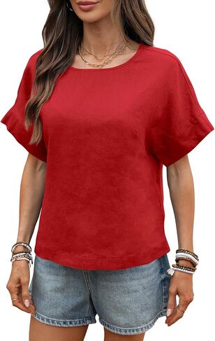 Women's Linen Shirt 100% Linen Oversize Blouse Short Sleeve Crew Neck Loose Fit Tshirt in Kuwait