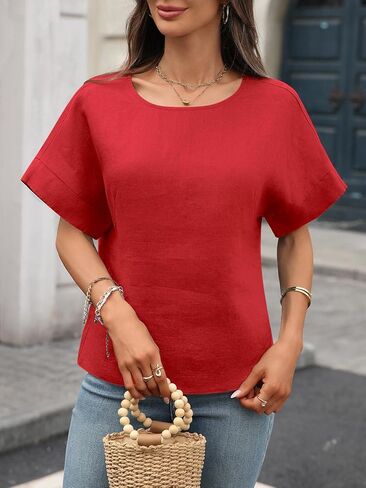 Women's Linen Shirt 100% Linen Oversize Blouse Short Sleeve Crew Neck Loose Fit Tshirt in Kuwait