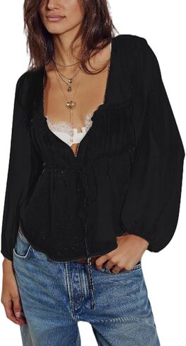 كشكش الدانتيل شير التعادل الجبهة بيبلوم القمم فلوي بوهو كم طويل Y2k بيبي دول بلايز المرأة مثير الخامس الرقبة الخروج البلوزات in Kuwait