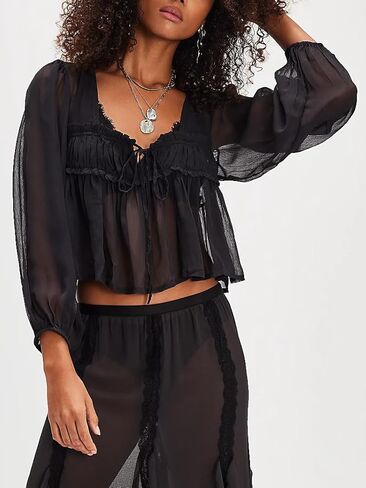 كشكش الدانتيل شير التعادل الجبهة بيبلوم القمم فلوي بوهو كم طويل Y2k بيبي دول بلايز المرأة مثير الخامس الرقبة الخروج البلوزات in Kuwait