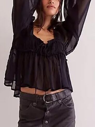 كشكش الدانتيل شير التعادل الجبهة بيبلوم القمم فلوي بوهو كم طويل Y2k بيبي دول بلايز المرأة مثير الخامس الرقبة الخروج البلوزات in Kuwait