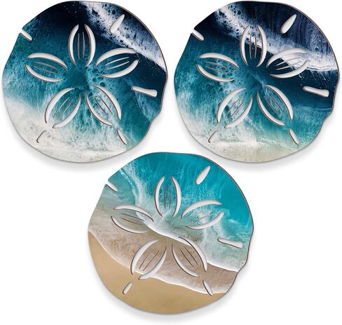 Jetec Sand Dollar Wall Decor 3 Pcs Beach Coastal Wall Art Wood Outdoor Ocean Sand Dollars Decor Wooden Art Teal Seafoam Decoration for Home Bathroom Decoration (Delicate Style) in Saudi Arabia