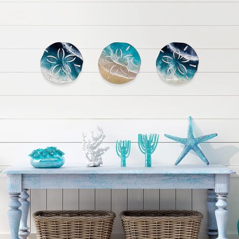 Jetec Sand Dollar Wall Decor 3 Pcs Beach Coastal Wall Art Wood Outdoor Ocean Sand Dollars Decor Wooden Art Teal Seafoam Decoration for Home Bathroom Decoration (Delicate Style) in Saudi Arabia