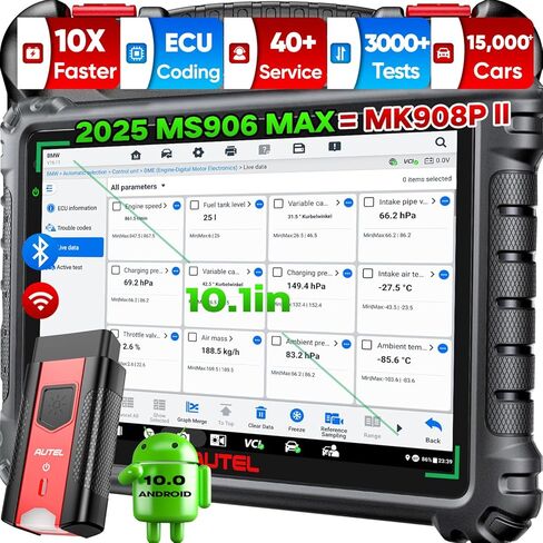 Autel MaxiSYS MS906 MAX Scanner 2025، MS906MAX 10.1" V2.0 of MS906 PRO MP900BT MS908S MK908، ترميز Pro ECU، أداة مسح ضوئي ثنائية الاتجاه، 3000+ اختبار، 40+ خدمة، جميع الأنظمة، CAN FD & DoIP، OS 10.0 in Kuwait