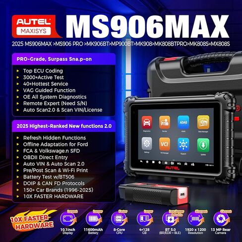 Autel MaxiSYS MS906 MAX Scanner 2025، MS906MAX 10.1" V2.0 of MS906 PRO MP900BT MS908S MK908، ترميز Pro ECU، أداة مسح ضوئي ثنائية الاتجاه، 3000+ اختبار، 40+ خدمة، جميع الأنظمة، CAN FD & DoIP، OS 10.0 in Kuwait