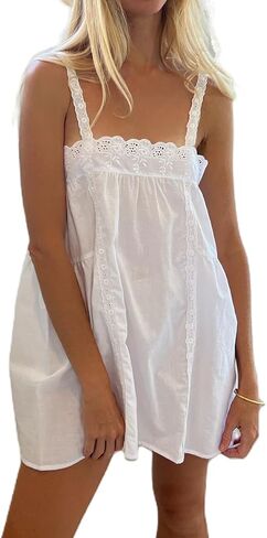 Women Lace Trim Mini Dress Ruffle Flowy Babydoll Dress Spaghetti Strap Loose Sundress Boho Going Out Dresses in Saudi Arabia