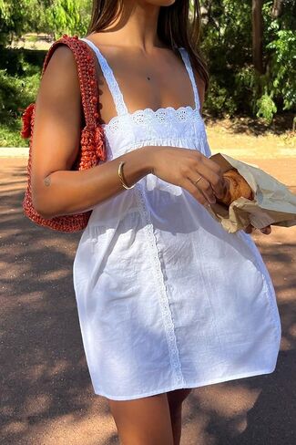 Women Lace Trim Mini Dress Ruffle Flowy Babydoll Dress Spaghetti Strap Loose Sundress Boho Going Out Dresses in Saudi Arabia