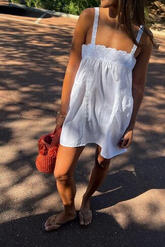 Women Lace Trim Mini Dress Ruffle Flowy Babydoll Dress Spaghetti Strap Loose Sundress Boho Going Out Dresses in Saudi Arabia