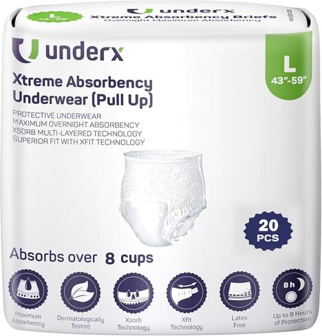 Underx Adult Disposable PullUps Incontinence Underwear - Xtreme Absorbency PullUps, Xsorb Multilayered & Superior fit Technology, Overnight Comfort, Leak Protection & Latex Free (Large,20 Count) in Saudi Arabia