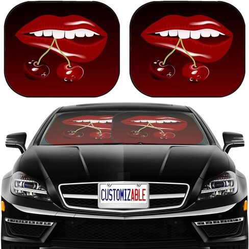 MSD Car Windshield Sun Shade, Universal Fit, 2-Piece for Car Window SunShades, Automotive Foldable Protector Cover, Image ID: 19736998 Fresh red Cherries in Beautiful Woman Lips in Saudi Arabia