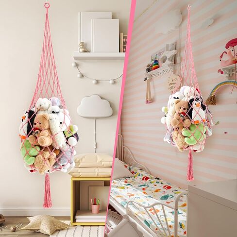 Tioncy 2 Sets Stuffed Animal Storage Organizers Stuffed Animal Hammock Corner Ceiling Hanging Net Macrame Toy Display Plush Toy Holder Wall Mounted for Bedroom Playroom in Kuwait