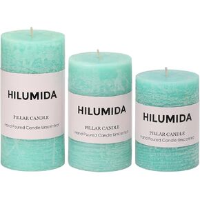 Moss Green Pillar Candles Set of 3 - Hand-Poured Unscented Candles,Smokeless Dripless Candles for Dinner Table and Home, Set of 3 in Different Sizes (3"x4", 3"x5", 3"x6") in Saudi Arabia