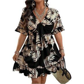 Women's Plus Size Tropical Dress Ruffle Flowy Boho V Neck Short Sleeve Knot Front Summer Vacation Dresses in Saudi Arabia