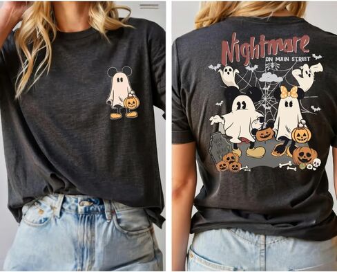 Customized Cartoon Couple Halloween Shirt, Spooky Theme Park Trip Tee, Nightmare On The Main Street T-Shirt, Vintage Pumpkin Halloween Tee in Saudi Arabia