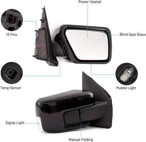 لسيارة Ford F150 2021-2024 مجموعة مرآة الباب مطلية باللون الأسود قابلة للطي يدويًا مع ضوء إشارة الانعطاف، ضوء البركة، مستشعر حرارة زجاجي للبقع العمياء، 13 دبابيس RH جانب الركاب (غير محكم) in Saudi Arabia