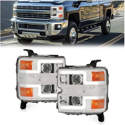 HECASA Pair Projector Headlight Compatible with 2015-2019 Chevy Silverado 2500 HD 3500 HD Replacement for GM2503416 GM2502416 w/LED Tube DRL Front Headlamp - Clear Lens Chrome Housing in Saudi Arabia