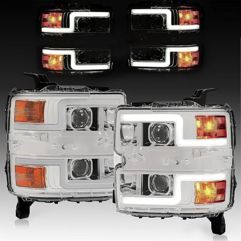 HECASA Pair Projector Headlight Compatible with 2015-2019 Chevy Silverado 2500 HD 3500 HD Replacement for GM2503416 GM2502416 w/LED Tube DRL Front Headlamp - Clear Lens Chrome Housing in Saudi Arabia