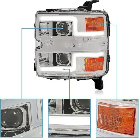 HECASA Pair Projector Headlight Compatible with 2015-2019 Chevy Silverado 2500 HD 3500 HD Replacement for GM2503416 GM2502416 w/LED Tube DRL Front Headlamp - Clear Lens Chrome Housing in Saudi Arabia
