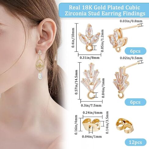 Beebeecraft 1 صندوق 12 قطعة 2 أنماط زهرة مسمار النتائج 18K الذهب مطلي مكعب زركونيا كريستال زهر ورقة أقراط ترصيع مع حلقة متدلية وصواميل الأذن لصنع المجوهرات القرط النتائج in Saudi Arabia