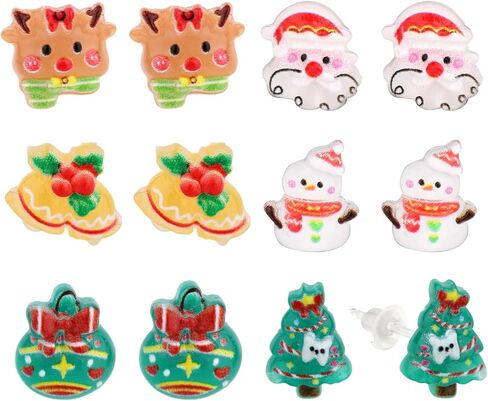 6 Pairs Christmas Plastic Earrings, Cute Xmas Theme Elk Snowman Tree Bell Stud Earrings Holiday Jewelry for Sensitive Ears Women in Saudi Arabia