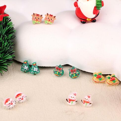 6 Pairs Christmas Plastic Earrings, Cute Xmas Theme Elk Snowman Tree Bell Stud Earrings Holiday Jewelry for Sensitive Ears Women in Saudi Arabia