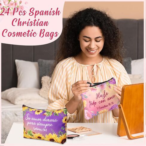 Kacctyen 24 Pcs Spanish Christian Cosmetic Bags Bulk Mother's Day Church Gifts Spanish Christian Gifts for Women Bible Verse Pencil Pouch Makeup Bag Regalos Religiosos Para Mujer (Classic Style) in Kuwait