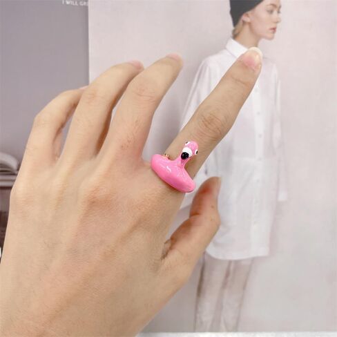 NewZenro Cute Pink Flamingo Enamel Open Stacking Ring for Women Chunky Pink Bird Funny Animal Stackable Statement Finger Band Ring Comfort Fit Trendy Jewelry Size 6 in Saudi Arabia