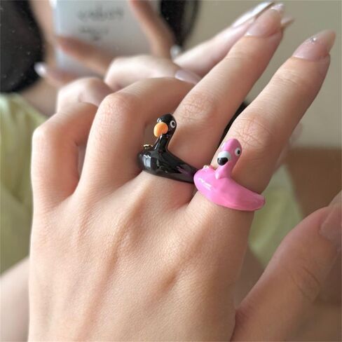 NewZenro Cute Pink Flamingo Enamel Open Stacking Ring for Women Chunky Pink Bird Funny Animal Stackable Statement Finger Band Ring Comfort Fit Trendy Jewelry Size 6 in Saudi Arabia