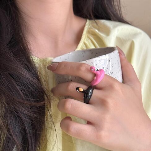 NewZenro Cute Pink Flamingo Enamel Open Stacking Ring for Women Chunky Pink Bird Funny Animal Stackable Statement Finger Band Ring Comfort Fit Trendy Jewelry Size 6 in Saudi Arabia
