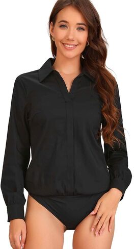 Allegra K Work Bodysuit for Women's Collared V Neck Polo Long Sleeves Button Casual Bodysuit Shirt in Saudi Arabia
